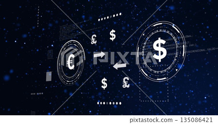 Futuristic interface displaying floating Euro and Dollar icons and exchange arrows in blue space 135086421