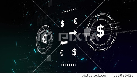 Showing circular HUD elements linking euro and dollar on dashboard, with arrows and code fragments 135086423