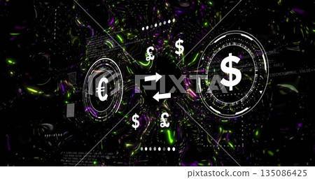 Currency conversion graphic moving in digital interface, showing arrows and euro and dollar icons Currency conversion graphic moving in digital interface, showing arrows and euro and dollar icons 135086425