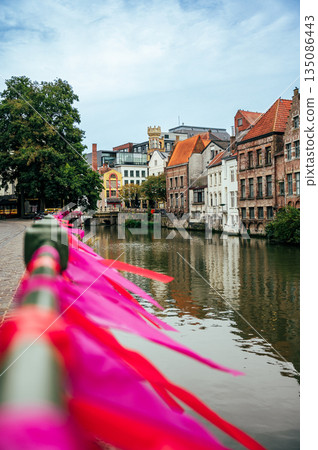 Ghent, Belgium - October 3, 2025 - Historical center of Ghent decorated for Pink October - Breast Cancer Awareness Month 135086443