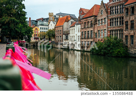 Ghent, Belgium - October 3, 2025 - Historical center of Ghent decorated for Pink October - Breast Cancer Awareness Month 135086488