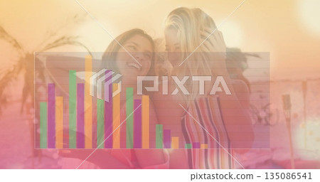 Smiling women wearing swimwear leaning on railing at beach bar deck sunset, with bar chart overlay Smiling women wearing swimwear leaning on railing at beach bar deck sunset, with bar chart overlay 135086541