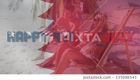 Chatting couple wearing swimwear on lounge chairs on sandy beach, palm fronds and patriotic overlay 135086543