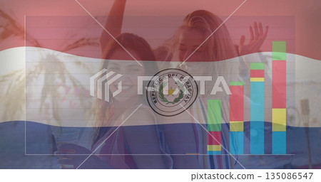 Dancing three women holding cocktails and bottle on beach at sunset with Paraguayan flag, bar chart Dancing three women holding cocktails and bottle on beach at sunset with Paraguayan flag, bar chart 135086547