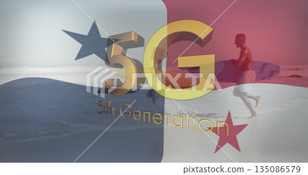 Running shirtless surfer carrying surfboard across beach, with 5G 5th Generation emblem, copy space 135086579