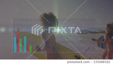 Walking friends in bikinis carrying yellow blue surfboards smartphone on beach at night under stars Walking friends in bikinis carrying yellow blue surfboards smartphone on beach at night under stars 135086582