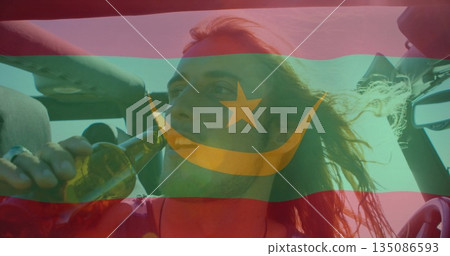 Drinking man in sleeveless top raising glass bottle in convertible car, with crescent-star theme Drinking man in sleeveless top raising glass bottle in convertible car, with crescent-star theme 135086593