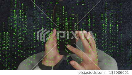 Man wearing shirt and jeans holding smartphone on dark blue carpet, with smartwatch and binary code Man wearing shirt and jeans holding smartphone on dark blue carpet, with smartwatch and binary code 135086601