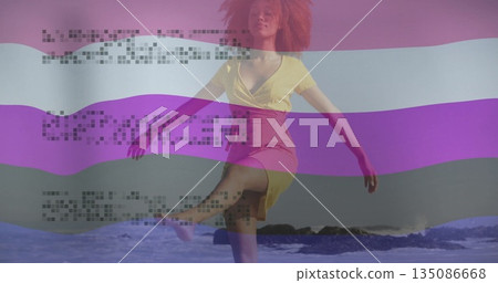 Balancing woman lifting arms at shoreline on wet sand, with ocean waves, rocks and digital stripes Balancing woman lifting arms at shoreline on wet sand, with ocean waves, rocks and digital stripes 135086668
