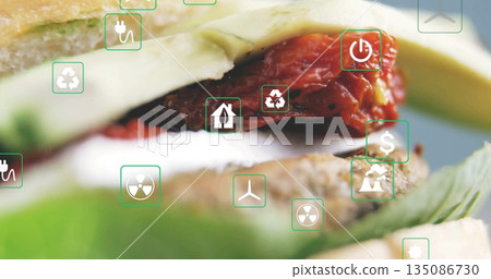 Showing layered sandwich with crusty bread, cheese, tomato pieces, pesto in studio with green icons 135086730