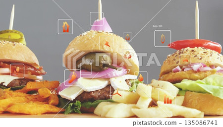 Displaying three mini burgers on wooden board with sweet potato fries in studio, with data icons Displaying three mini burgers on wooden board with sweet potato fries in studio, with data icons 135086741
