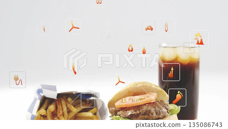 Presenting fast-food items resting on white tabletop, with fries burger soda and metric icons Presenting fast-food items resting on white tabletop, with fries burger soda and metric icons 135086743