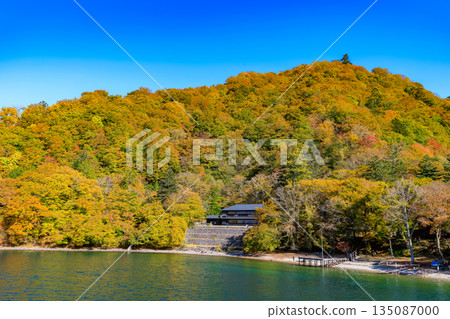 Autumn in Lake Chuzenji, Nikko City, Tochigi Prefecture (Autumn foliage along the lake seen from a sightseeing boat, British Embassy Villa Memorial Park) 135087000