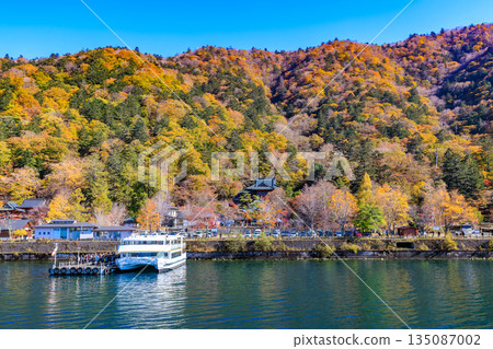 Lake Chuzenji in autumn, Nikko City, Tochigi Prefecture (Autumn foliage along the lake seen from a sightseeing boat, Nikkosan Chuzenji Temple) 135087002