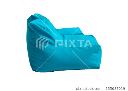 Beautiful side view of blue bean bag isolated on white background. Beautiful side view of blue bean bag isolated on white background. 135087019