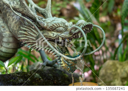 Bronze dragon chozuya at Mitaki-Dera temple in Hiroshima, Japan 135087241