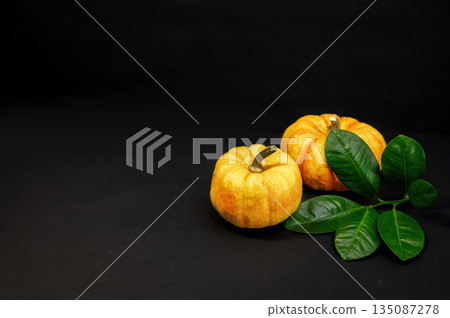 Two bright orange pumpkins arranged on a black background. Minimalistic autumn still life with strong contrast, perfect for harvest, Halloween, and seasonal themes. Two bright orange pumpkins arranged on a black background. Minimalistic autumn still life with strong contrast, perfect for harvest, Halloween, and seasonal themes. 135087278