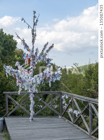 Tree covered with colorful ribbons at a memorial site in Abrau-Durso, Russia, symbolizing wishes, memory and traditions, surrounded by natural scenery and outdoor environment Tree covered with colorful ribbons at a memorial site in Abrau-Durso, Russia, symbolizing wishes, memory and traditions, surrounded by natural scenery and outdoor environment 135087435