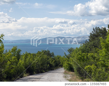 Wild beach on the coast of Kabardinka village, Russia, with cliffs, trees and natural scenery, showcasing untouched coastal landscape and seaside environment 135087493