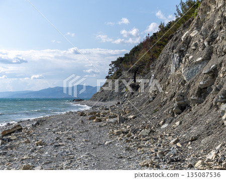 Wild beach on the coast of Kabardinka village, Russia, with cliffs, trees and natural scenery, showcasing untouched coastal landscape and seaside environment Wild beach on the coast of Kabardinka village, Russia, with cliffs, trees and natural scenery, showcasing untouched coastal landscape and seaside environment 135087536