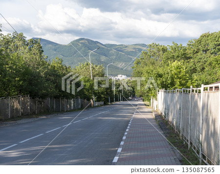 Asphalt street stretching towards mountains on the horizon, combining rural infrastructure with scenic natural landscape and distant mountainous scenery Asphalt street stretching towards mountains on the horizon, combining rural infrastructure with scenic natural landscape and distant mountainous scenery 135087565