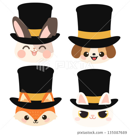 Collection of Cute Cartoon Animals Wearing Elegant Top Hats 135087689