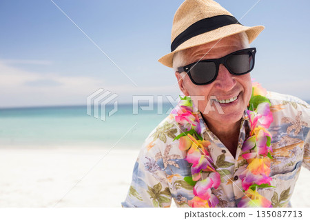 Senior man standing on beach by sea wearing straw fedora, sunglasses, floral shirt, lei, copy space 135087713