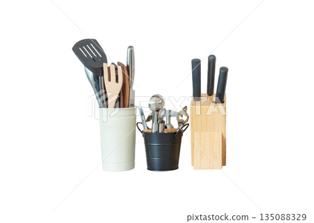 set of kitchen tools,Vintage kitchen utensils photo on white background. Isolated objects. set of kitchen tools,Vintage kitchen utensils photo on white background. Isolated objects. 135088329