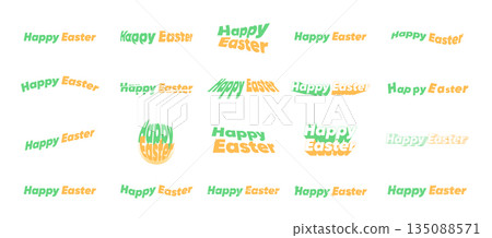 Happy Easter greeting phrase lettering set. Modern bold display word styles in green and orange, wavy glitch distortions and egg shapes for spring holiday posters. Happy Easter greeting phrase lettering set. Modern bold display word styles in green and orange, wavy glitch distortions and egg shapes for spring holiday posters. 135088571