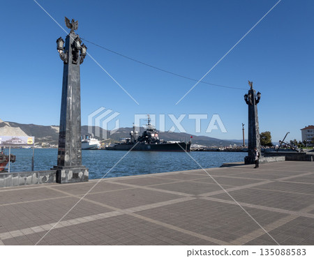 Novorossiysk Russia September 20 2025: The cruiser Mikhail Kutuzov moored in the city port. Historic Soviet Project 68bis museum ship Novorossiysk Russia September 20 2025: The cruiser Mikhail Kutuzov moored in the city port. Historic Soviet Project 68bis museum ship 135088583