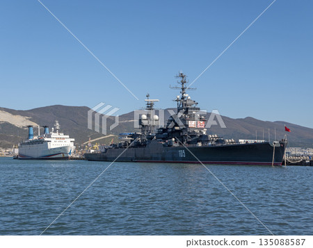 Novorossiysk Russia September 20 2025: The cruiser Mikhail Kutuzov moored in the city port. Historic Soviet Project 68bis museum ship 135088587
