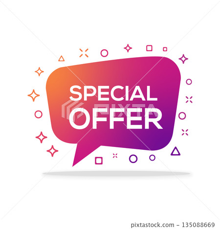 Vibrant gradient speech bubble announces a special offer with playful geometric shapes Vibrant gradient speech bubble announces a special offer with playful geometric shapes 135088669