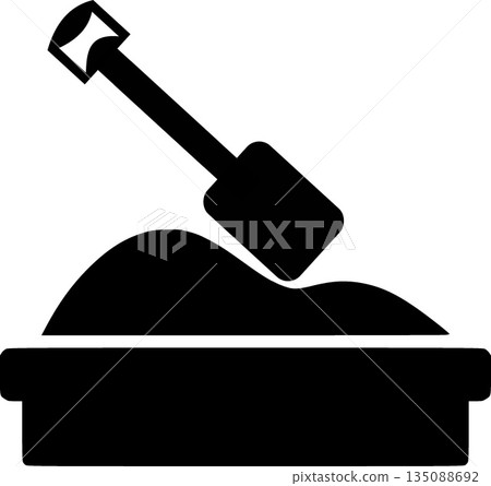 Sandbox with Shovel Icon - Black Silhouette Playground and Tech Testing Symbol 135088692
