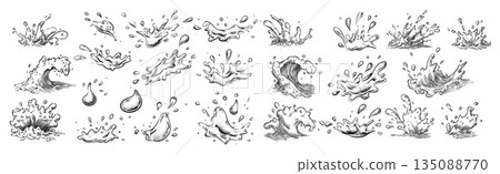 Water splash engraving. liquid drip splatter, sea ocean waves drop splash fountain splatter aqua drink spill flow sketch hand drawing black water splash set vector illustration 135088770