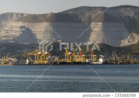 August 22 2025 View of Novorossiysk port Russia with cargo ships and cranes on the coastline. Industrial maritime scene on the Black Sea 135088789