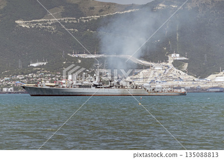 August 20, 2022: Military warship anchored in the Black Sea, Russia, representing naval presence, maritime security and military activity in open waters August 20, 2022: Military warship anchored in the Black Sea, Russia, representing naval presence, maritime security and military activity in open waters 135088813