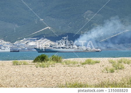 August 20, 2022: Military warship anchored in the Black Sea, Russia, representing naval presence, maritime security and military activity in open waters August 20, 2022: Military warship anchored in the Black Sea, Russia, representing naval presence, maritime security and military activity in open waters 135088820