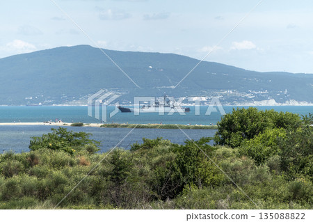 August 20, 2022: Military warship anchored in the Black Sea, Russia, representing naval presence, maritime security and military activity in open waters August 20, 2022: Military warship anchored in the Black Sea, Russia, representing naval presence, maritime security and military activity in open waters 135088822