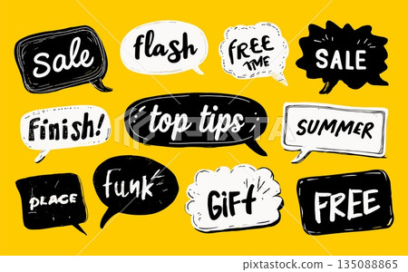 Speech bubbles top tips. Dialog bubble with text slogan, cloud quote tags creative yellow design sale free gift summer best words sticker doodle hand drawn icon vector illustration 135088865
