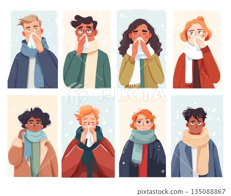 Sick cold people. Man woman blow noses in handkerchief, sneezing cough flu virus disease fever symptoms winter snow weather cartoon characters in warm clothes vector illustration 135088867