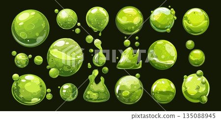 Acid green bubbles. Cartoon bubble toxic liquid drips, poison water drop splash alchemy magic alchemical solution glass ball slime blobs juice game icons set vector illustration 135088945