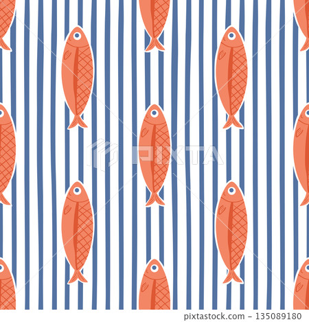 Blue coastal striped sardine seamless pattern. Vector ocean repeat background, summer sea vacation print. Blue coastal striped sardine seamless pattern. Vector ocean repeat background, summer sea vacation print. 135089180