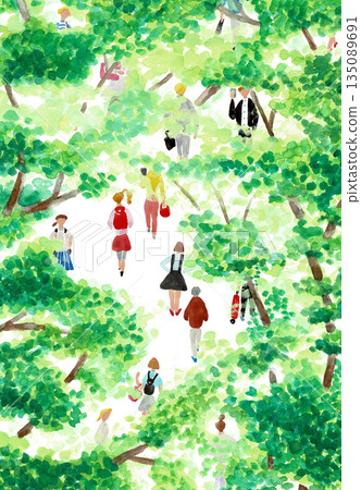 手繪水彩插畫，描繪了人們在綠樹下走過的情景。 135089691