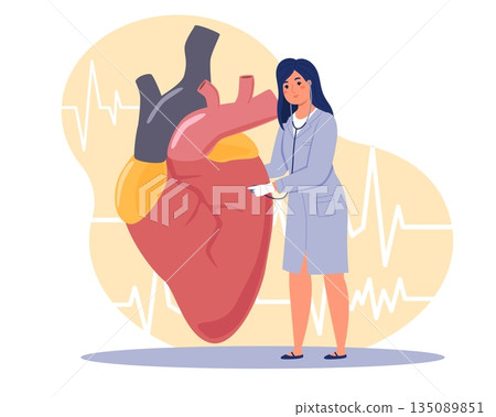 Cardiology clinic. Inpatient department, tiny female cardiologist doctor listens to big heart, examination in hospital, prevention and treatment, vector cartoon isolated healthcare concept Cardiology clinic. Inpatient department, tiny female cardiologist doctor listens to big heart, examination in hospital, prevention and treatment, vector cartoon isolated healthcare concept 135089851
