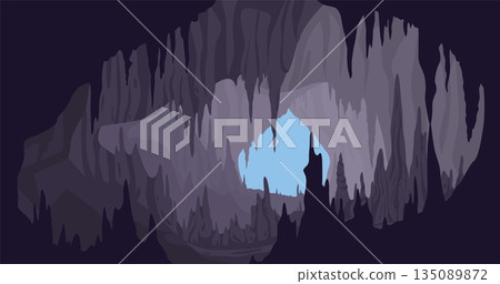 Cave limestone landscape. Cavern inside view, stalagmites and stalactites formations, geology, mineral deposits, nature underground, mountain exploration, qualitative vector concept Cave limestone landscape. Cavern inside view, stalagmites and stalactites formations, geology, mineral deposits, nature underground, mountain exploration, qualitative vector concept 135089872