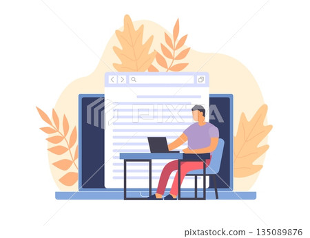 Copywriting. Content marketing, online advertising, guy with laptop writes articles, document on computer screen, writer or journalist, typing and editing text, vector cartoon concept Copywriting. Content marketing, online advertising, guy with laptop writes articles, document on computer screen, writer or journalist, typing and editing text, vector cartoon concept 135089876