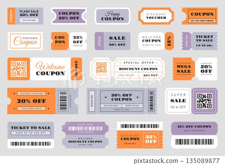 Coupon templates. Discount vouchers designs, sale tickets with barcodes, detachable parts, shopping promotions flyers different sizes, special offer for customers, classy vector templates set Coupon templates. Discount vouchers designs, sale tickets with barcodes, detachable parts, shopping promotions flyers different sizes, special offer for customers, classy vector templates set 135089877