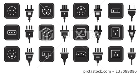 Electric socket types black icons. Different world standards of plugs and sockets, europe, asia or us, international electrical power sources, silhouettes qualitative vector isolated set 135089880