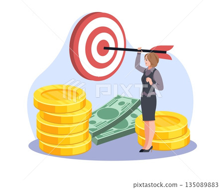 Goals and objectives. Business professional growth and plan, business woman hits arrow in center of target, stacks of coin and banknote, vector cartoon flat isolated achievement concept Goals and objectives. Business professional growth and plan, business woman hits arrow in center of target, stacks of coin and banknote, vector cartoon flat isolated achievement concept 135089883