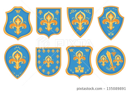 Heraldic lily emblems. Royal power symbol, different shapes shields, vintage arms coats, fleur de lis with crown, honor, nobility, medieval identity splendid vector isolated isolated set 135089891